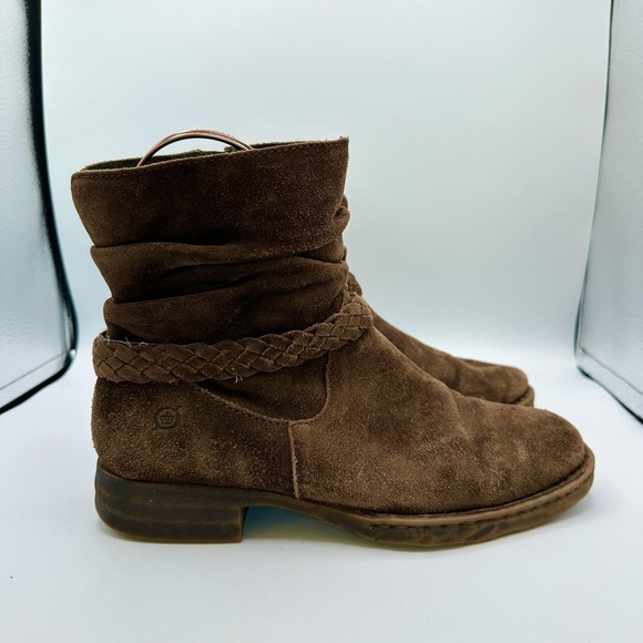 Born Suede Ankle Boots Womens 8.5 Brown Ouvea Slouch Braided Zip Low Heel - Picture 1 of 10
